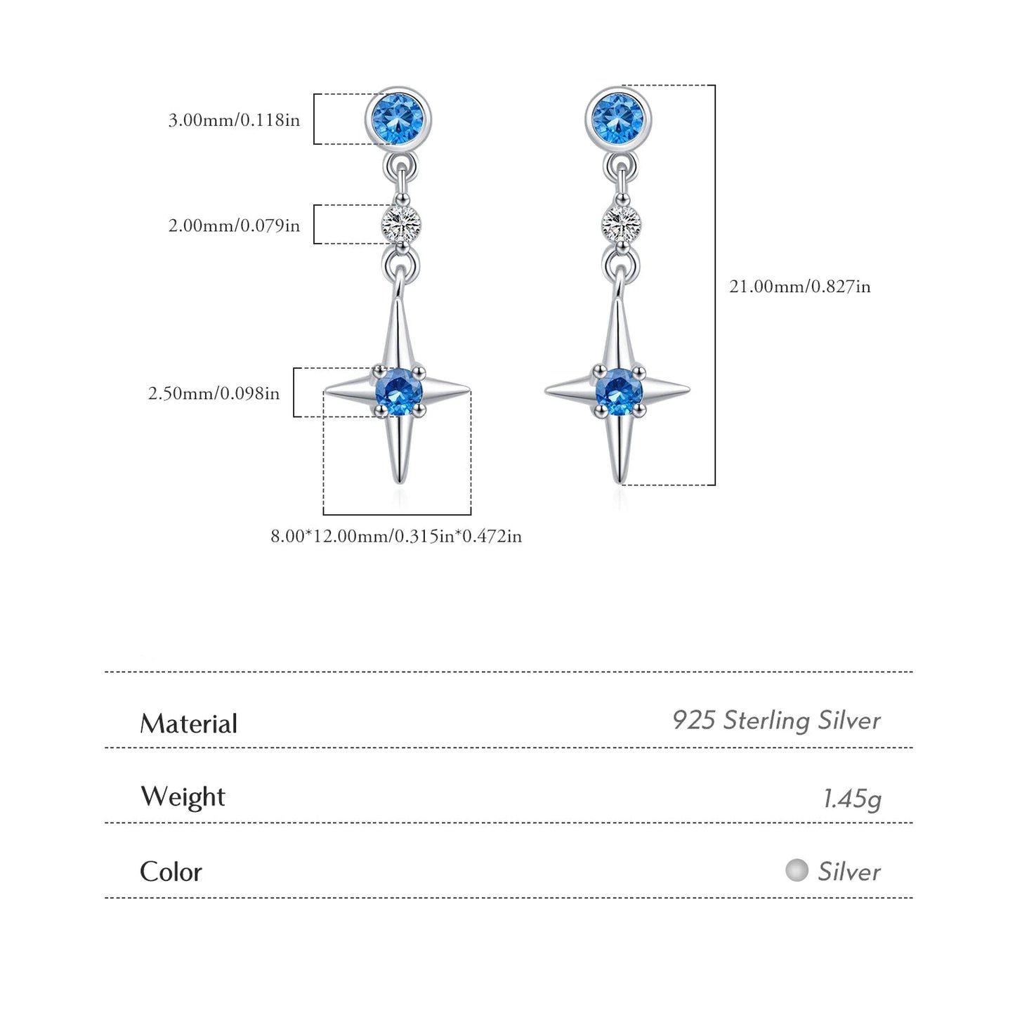 Women’s Blue Star Earrings in 925 Sterling Silver