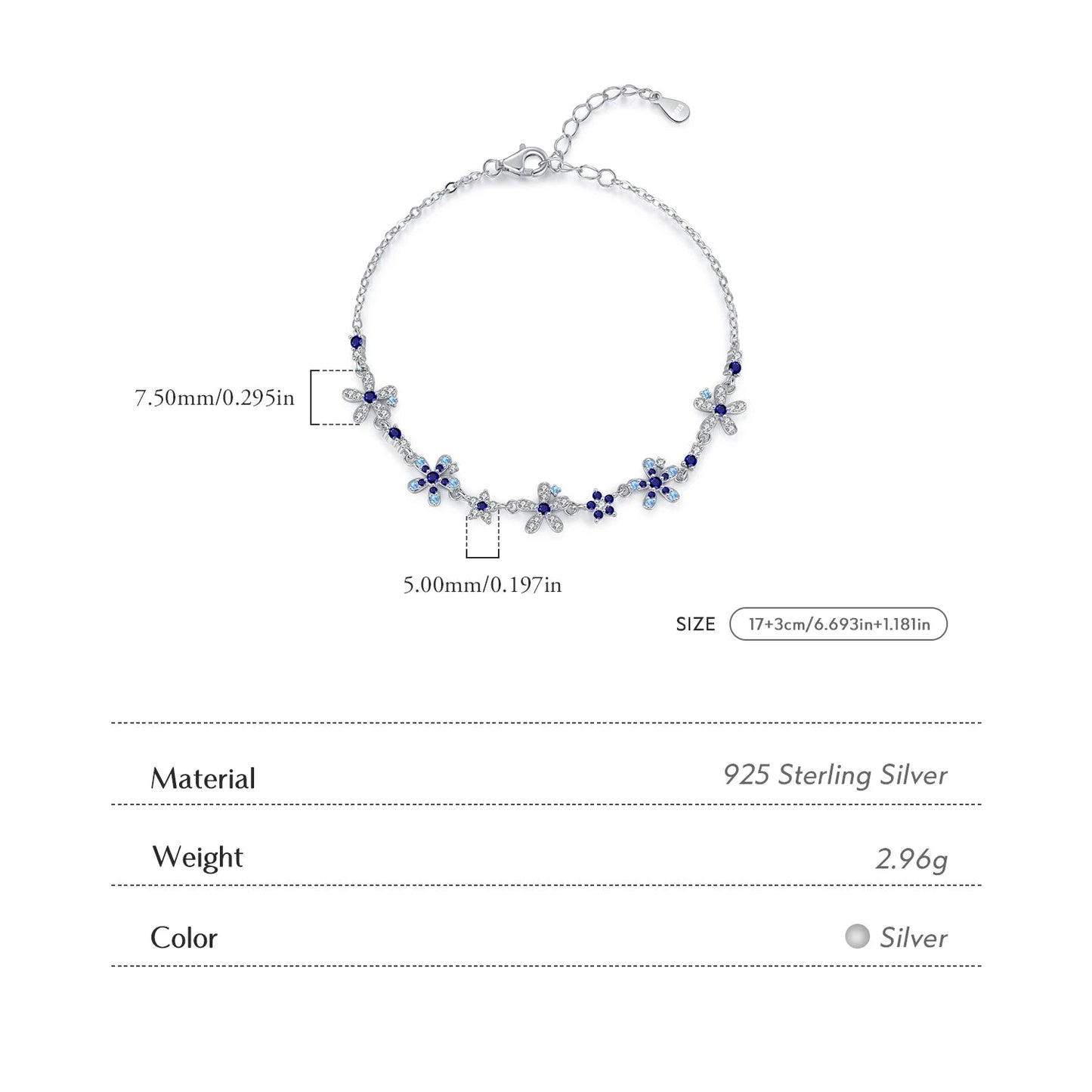 Women’s Blue Flower Bracelet in 925 Sterling Silver