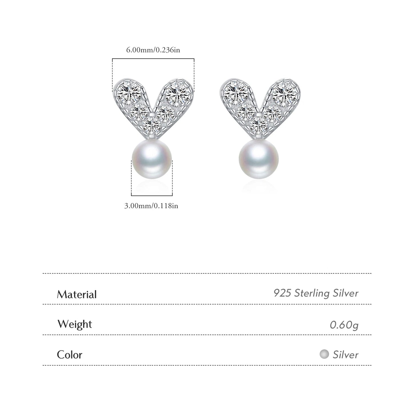 Women’s Heart and Pearl Earrings in 925 Sterling Silver